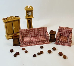 Vintage Dollhouse Couch Chair Clock Furniture Lot & Pumpkins - Picture 1 of 19