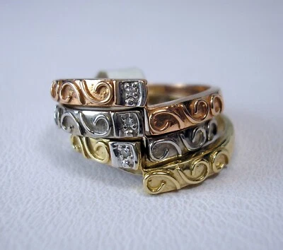 Natural Diamond 10K Tri Rose White Yellow Gold Stackable Ring Set Was $695 Video - Image 1 of 4
