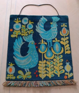 Mcm Austrian Wall Tapestry Rooster Flower Blue Wool Art Weaving Retro Vintage - Picture 1 of 8