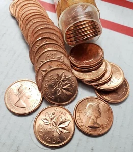ZWEI (2) X ROT UNC 1963 KANADA CENT QUEEN ELIZABETH II 98 % KUPFER PENNY ROLL WELT - Bild 1 von 1