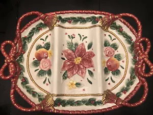Fitz and Floyd Christmas Red Bow Divided Platter Bows, Flowers And Fruit 1995 - Picture 1 of 7
