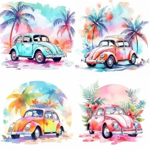 Handmade Set of 4 Volkswagen Bug 80's Neon Car #3 STICKERS - Just Cut & Use! - Picture 1 of 1