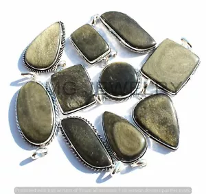 200 Pcs Lot Natural Goldsheen Obsidian Gemstone Silver Plated Pendants MF-273 - Picture 1 of 5