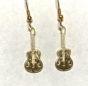 GUITAR Earrings Gold-tone, French Hook Dangle- Music Instrument Band Orchestra - Picture 1 of 3