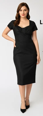 Unique Vintage Black Wiggle Dress L Short Sleeve Sweetheart Neck Fitted Retro - Image 1 of 4