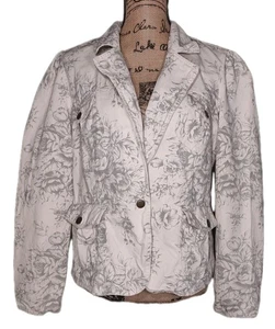 100% Cotton Ivory w/Green Floral 1-Button Denim Jacket - Women's Size 14 - Picture 1 of 3