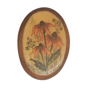 Vintage 70er Jahre ovale Decoupage Floral Blumen Echinacea Holz Brosche - Bild 1 von 4