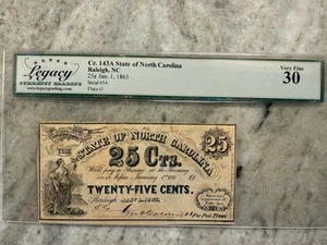 1863 North Carolina Fractional 0,25 $ (Cr. 143A), Legacy VF30, Recyclingpapier - Bild 1 von 5