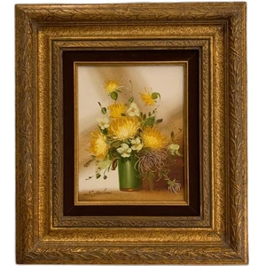 Dipinto olio floreale con cornice vintage firmato cornice legno grosso foderato velluto 16 x 18 - Foto 1 di 13