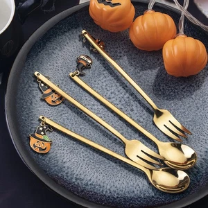 Halloween Cutlery Set Stainless Steel Gold Witch Ghost Tableware Spoon Fork Set - Picture 1 of 18