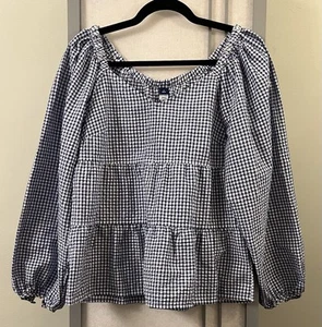 Old Navy Small Tall Blue Seersucker Gingham Tiered Relaxed Peasant Blouse  - Picture 1 of 7