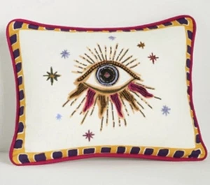 NUOVO CUSCINO DECORATIVO ANTHROPOLOGIE FORTUNE MALOCCHIO COTONE RICAMATO BOHO FUN - Foto 1 di 24