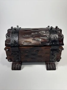 Vtg Spanish Mediaeval Carved Wood Pirate Treasure Chest Jewelry Trinket Box - Picture 1 of 13