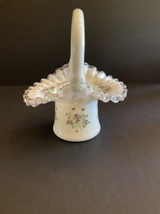 Fenton ? Violets & Stars Glass Silver Crest Ruffled Edge Top Hat Basket 8" H - Picture 1 of 12