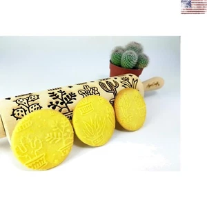 CACTUS Embossing Rolling Pin - Handmade Beech Wood - Deep Pattern - 7.9" Surface - Picture 1 of 4