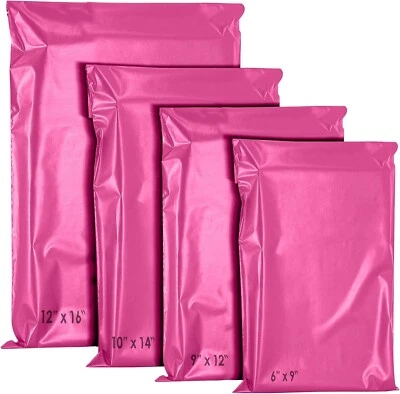 YUNJU 60 Mixed Mailing Postal Self-Seal Closure Plastic Bags Mixed Sizes Hot Pink