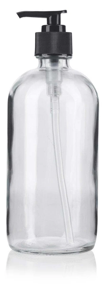 16 oz Clear Boston Round Glass Bottle with Black Lotion Pump - Image 1 of 1