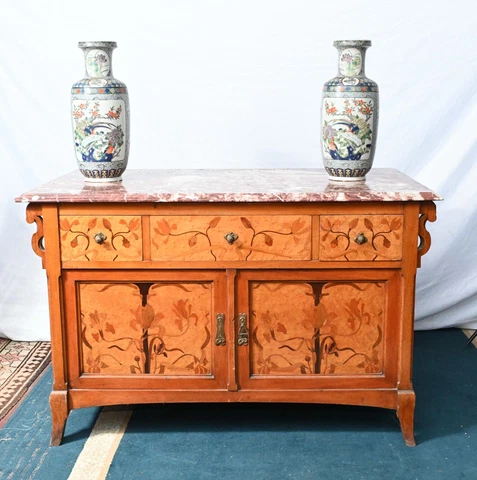 Art Nouveau Commode French Cabinet Floral Inlay Cover