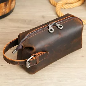 Men's Genuine Leather Toiletry Bag Travel Dopp Kit Organizer Wash Bag Vintage - Picture 1 of 20