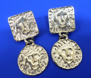 Vtg ANNE KLEIN Gold Tone Square Round Circle Dangle Drop LION Clip On Earrings