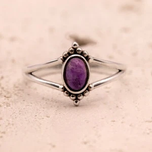 925 Sterling Silber Damen Minimalistischer Ring Oval Amethyst Edelstein Schmuck - Bild 1 von 6