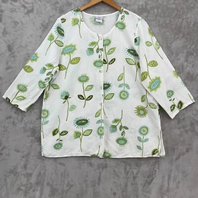 Lo último Top de algodón para mujer XL mezcla de lino blanco verde floral manga 3/4 botón delantero Foto 1 de 4