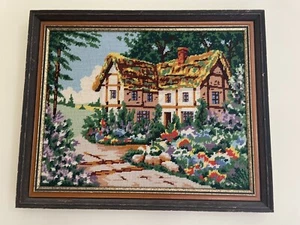 Vintage Multi-Colored Framed Hand Hooked needlepoint Cottage Home Flowers Trees - Picture 1 of 8