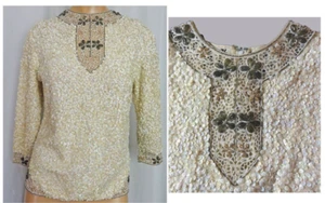 Vintage 60s Beaded Top Sequin & Lace Cream Sweater 3/4 Sleeves British Hong Kong - Picture 1 of 8