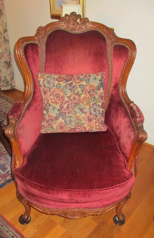 Antique Louis XV Red Velvet Armchair Carved Wood Frame Legs Arms w Pillow Cover