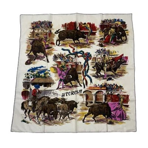 Vintage Silk Square Scarf Spain Corridas De Toros Bull Fighting Matador Scene - Picture 1 of 10