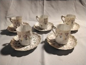 VINTAGE Porcelain Demitasse Cup & Saucer Hand Painted Flowers Gold Setting of 5 - Picture 1 of 7