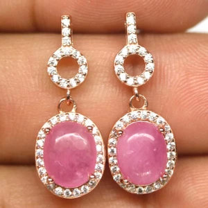 Heated Pink Ruby & Cubic Zirconia Earrings 925 Sterling Silver Rose Gold Coated - Picture 1 of 4