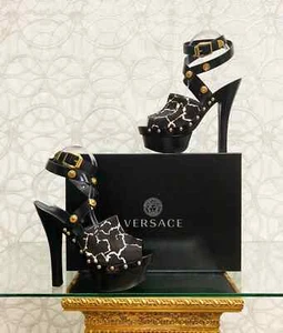 Versace dunkelbraune Fell Leder Plateau Schuhe mit goldenen Medusa Nieten 38 - 8* - Bild 1 von 6