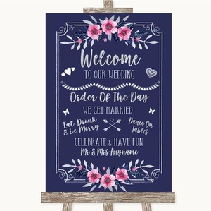 Navy Blue Pink & Silver Welcome Order Of The Day Personalised Wedding Sign - Picture 1 of 8