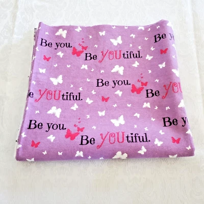 Flannel Remnant Lavender BeYou tiful Word White Pink Butterflies  42 x 22 Inches - Image 1 of 2