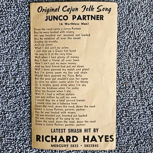 1952 Junco Partner Lyrics Card Richard Hayes Mercury 5833 Dr. John The Clash - Bild 1 von 4
