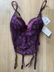 NWT Lepel Purple Eggplant Basque Corset Lace 32B w/removable garters - Picture 1 of 10