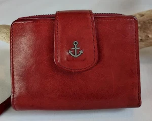 Harbour 2nd Red Leather French Bifold Clutch Wallet Antiqued Silver Trim - Bild 1 von 8