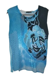 Women Sleeveless Tank Top Rose Print Size Medium Large Black/Blue Accents - Picture 1 of 6