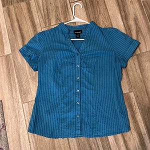 Lane Bryant SS dunkel türkis Bluse Gr. 14 Mandarin-Stil Kragen Knopfleiste Manschetten - Bild 1 von 11