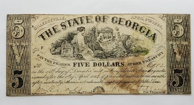 1864 $5 The State of Georgia, Milledgeville, Plain Reverse  No. 6982 Pin Holes - Image 1 of 4