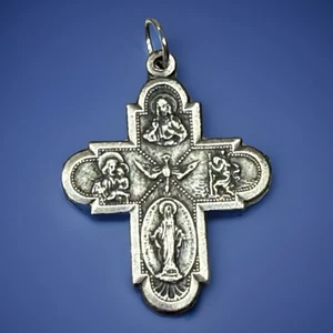 Vintage Catholic 4 Way Cross Silver Tone Religious Medal Italy - Picture 1 of 4