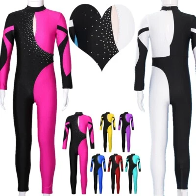 Girl One Piece Catsuit Gymnastics Bodysuit Contrast Color Full Length Unitard - Image 1 of 3
