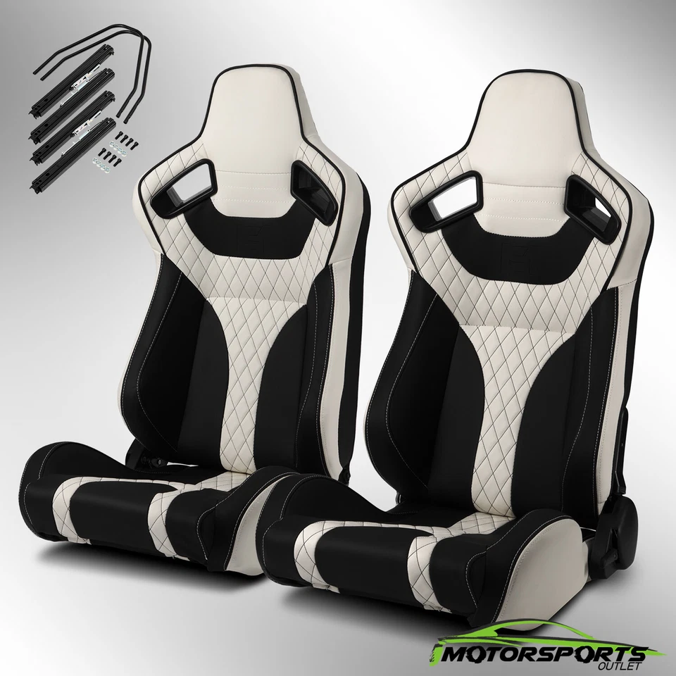 2x Universal Main Black + White Side PVC Leather Reclinable Sport Racing Seats Foto 1 de 4
