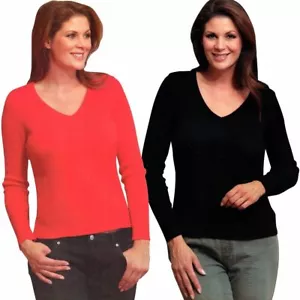 Damen Pullover Schlank Effekt Langarm Schwarz Rot V-Ausschnitt Pulli - Bild 1 von 5
