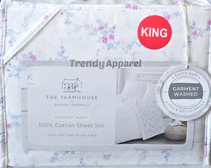 Shabby Chic Farmhouse, Rachel Ashwell White, Pink/Purple Floral KING Sheet Set - Picture 1 of 7