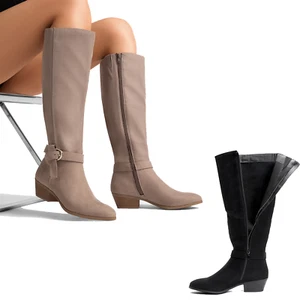 Women's Knee-High Boots Side Zipper Low Block Heel Almond Toe with Buckle Detail - Picture 1 of 17