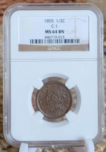 1855 Braided Hair Half Cent NGC MS64BN C-1 - Picture 1 of 2