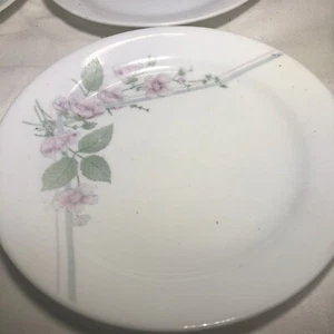7 Corelle VERANDA 7 1/4 Inch Dessert Salad Plates Pink Flowers Green Leaves Rim - Picture 1 of 4