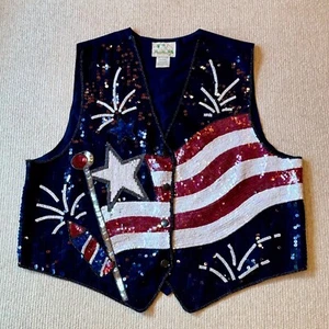 The Quacker Factory American Flag Sequin Vest Womens Size Large Patriotic USA - Picture 1 of 4